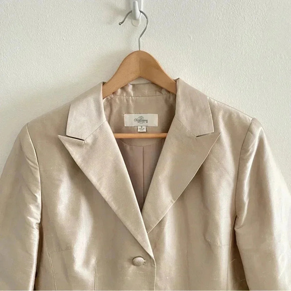 Oleg Cassini 3 Piece Suit Set 100% Silk Blazer Skirt Top Tan - Picture 2 of 14